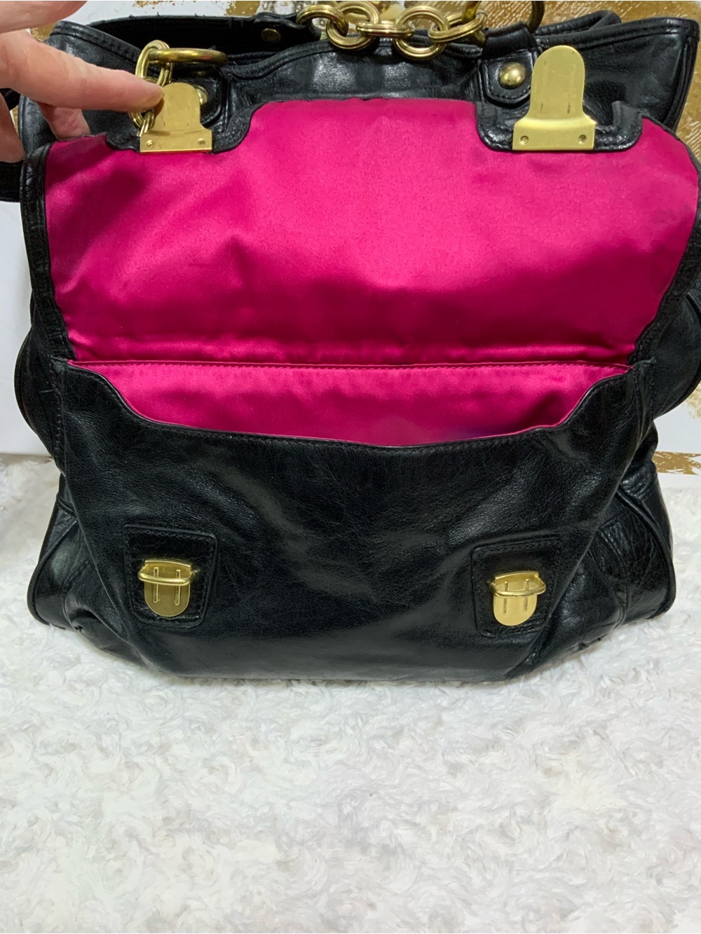 Coach Poppy Black Leather Tote with Gold Chain Handles - Picture 3 of 11